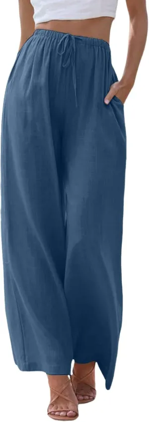 Flowy Pants for Women Linen Summer Casual Vacation Trouser Wide Leg Drawstring High Waist Palazzo Pants with Pocket