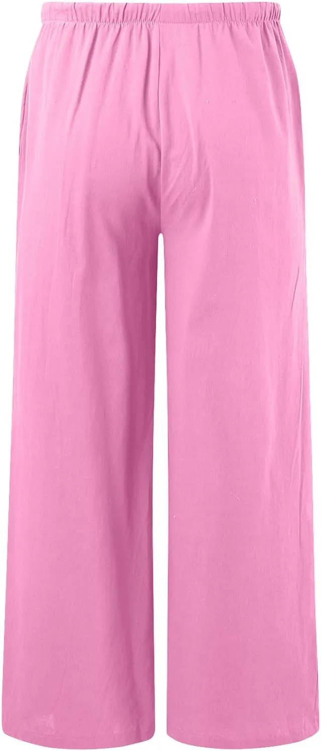 Flowy Pants for Women Linen Summer Casual Vacation Trouser Wide Leg Drawstring High Waist Palazzo Pants with Pocket