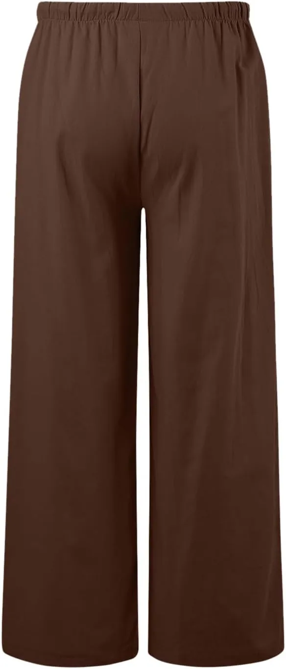 Flowy Pants for Women Linen Summer Casual Vacation Trouser Wide Leg Drawstring High Waist Palazzo Pants with Pocket