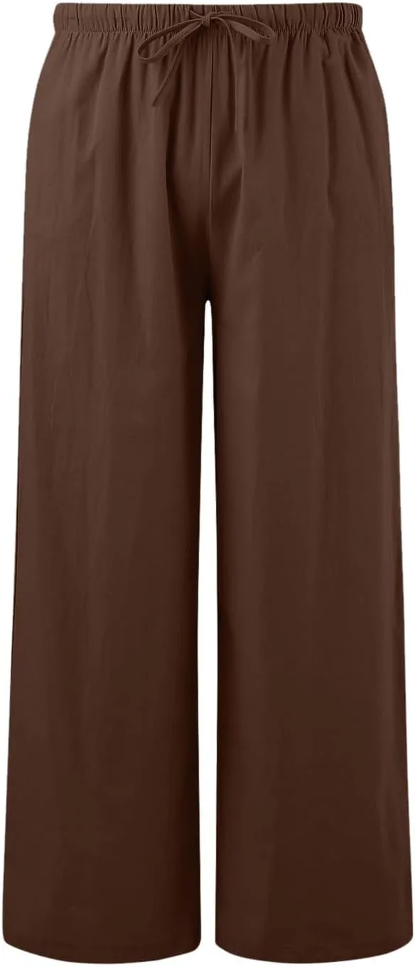 Flowy Pants for Women Linen Summer Casual Vacation Trouser Wide Leg Drawstring High Waist Palazzo Pants with Pocket