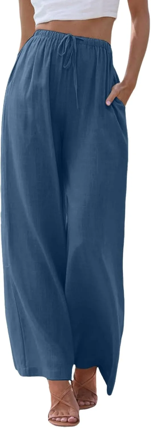 Flowy Pants for Women Linen Summer Casual Vacation Trouser Wide Leg Drawstring High Waist Palazzo Pants with Pocket