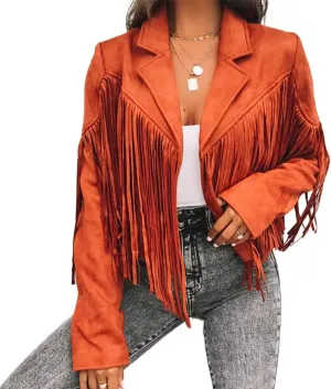 Fringe Faux Suede Leather Jackets for Women Tassel Motorcycle Moto Biker Short Open Front Tassel Coat