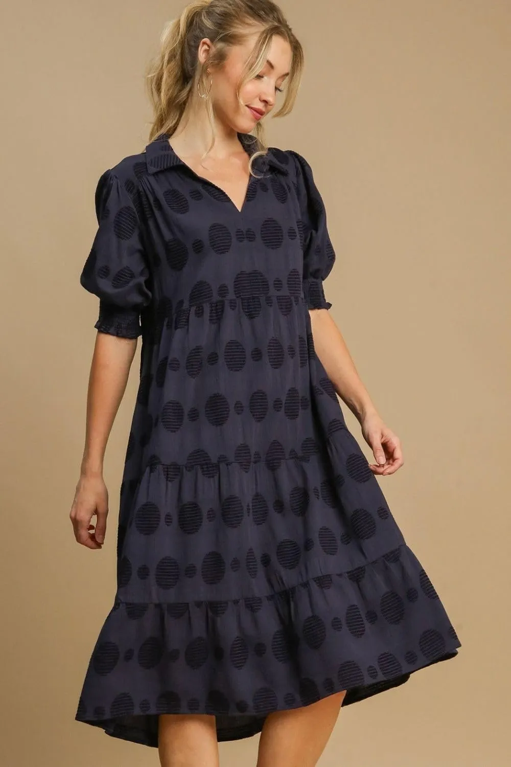 Full Size Swiss Dot Jacquard Tiered Midi Dress Plus Size