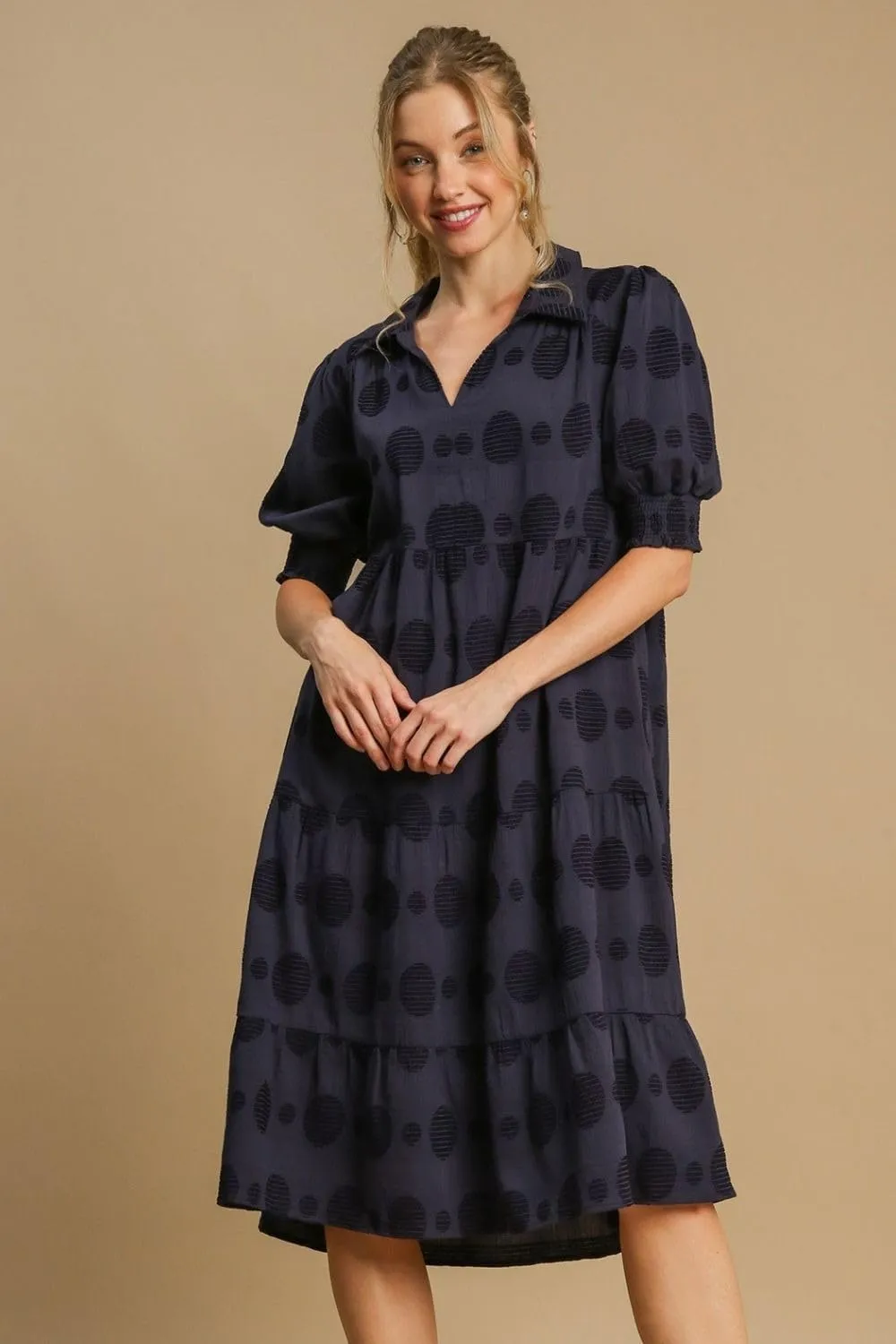 Full Size Swiss Dot Jacquard Tiered Midi Dress Plus Size