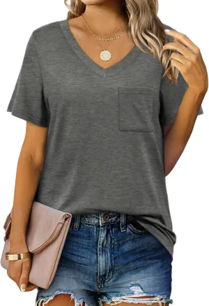Geifa Womens T Shirts Short Sleeve V Neck Casual Summer Tops Tshirts with Pocket