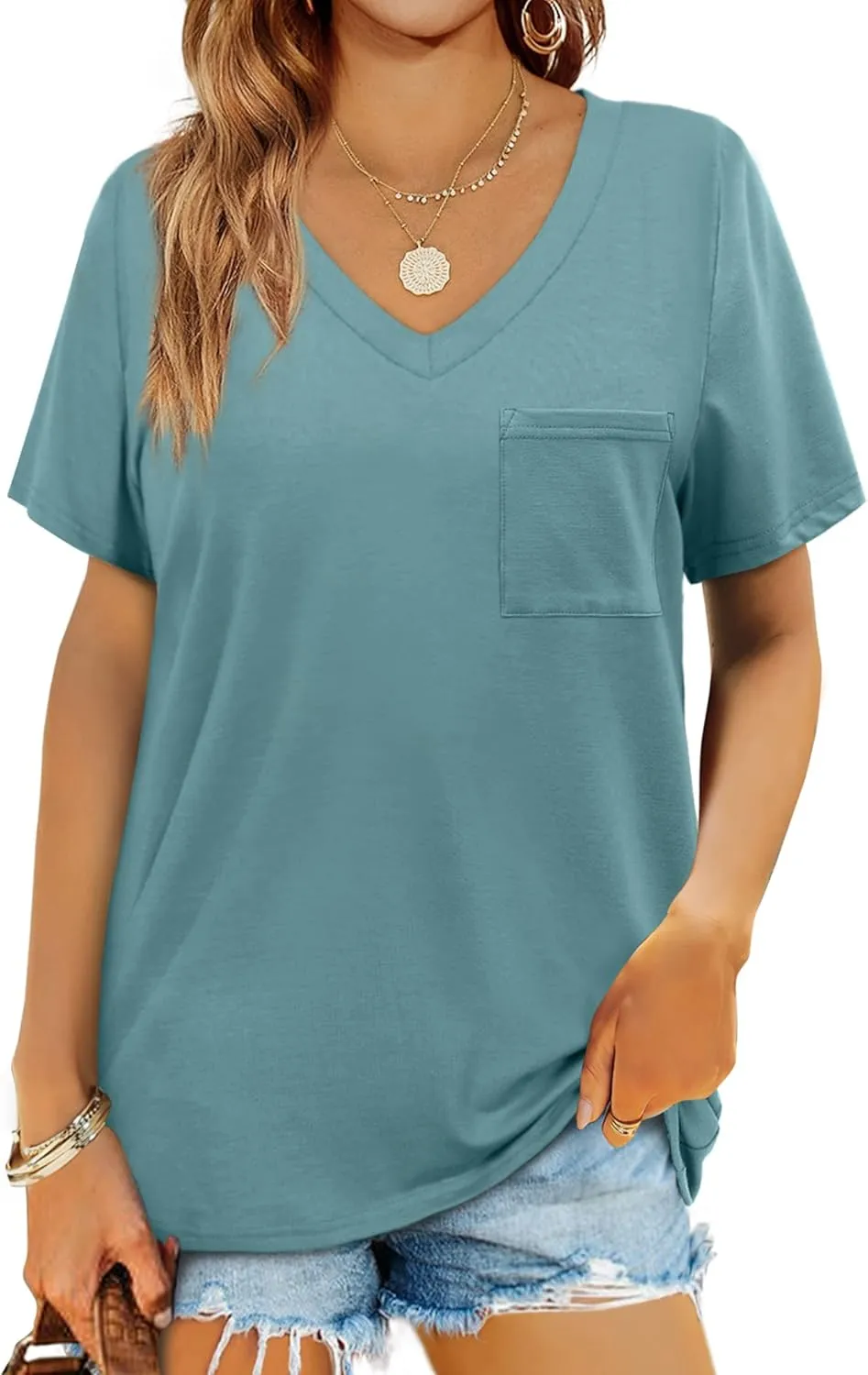 Geifa Womens T Shirts Short Sleeve V Neck Casual Summer Tops Tshirts with Pocket