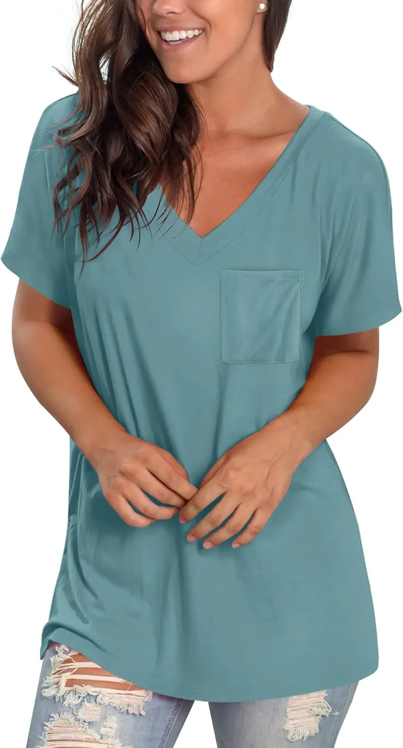 Geifa Womens T Shirts Short Sleeve V Neck Casual Summer Tops Tshirts with Pocket