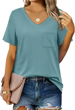 Geifa Womens T Shirts Short Sleeve V Neck Casual Summer Tops Tshirts with Pocket