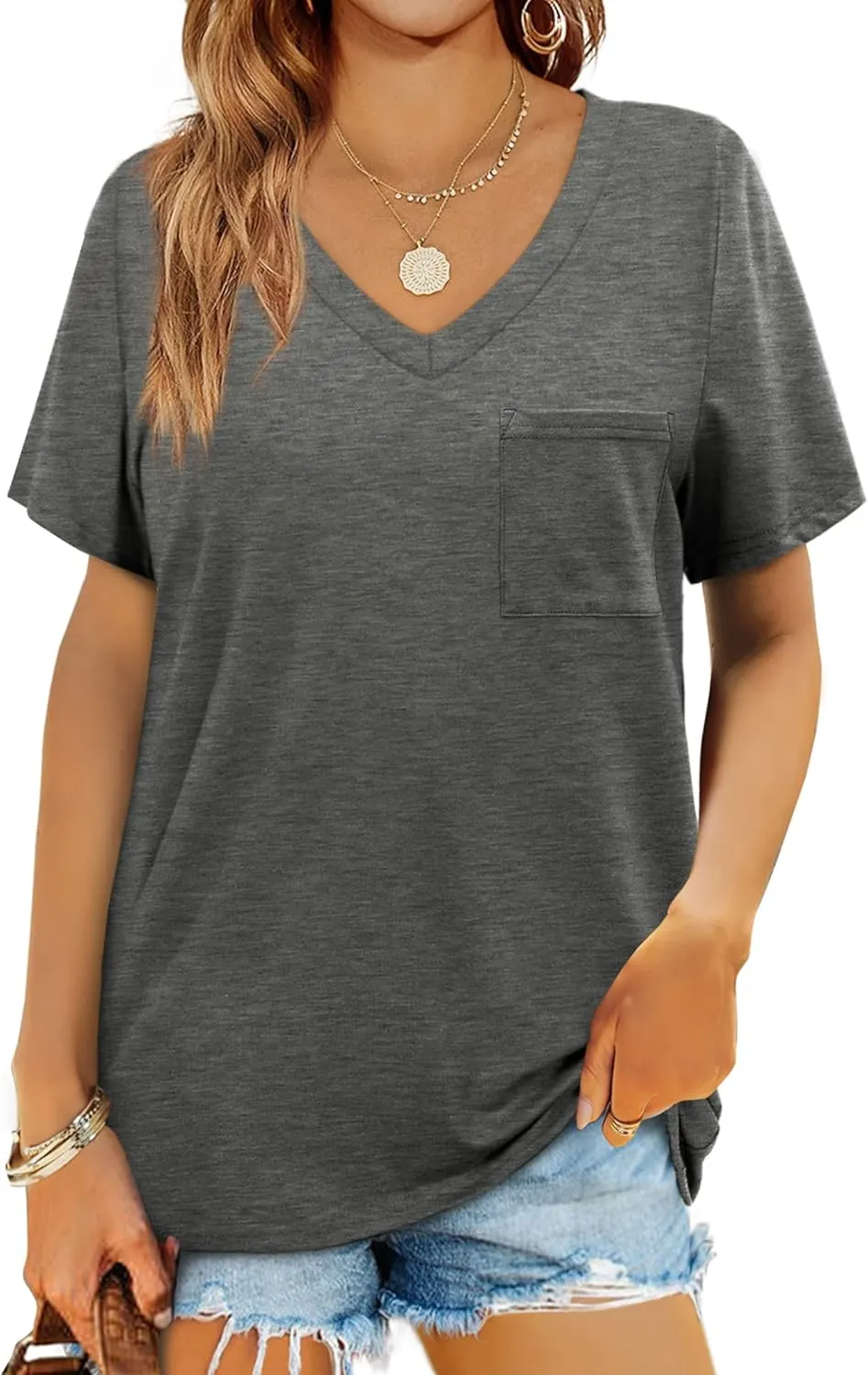 Geifa Womens T Shirts Short Sleeve V Neck Casual Summer Tops Tshirts with Pocket