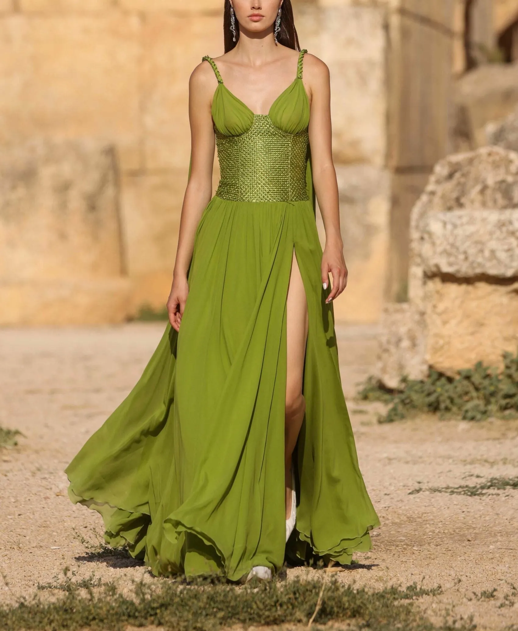Georgette Dress with Woven Raffia Panel