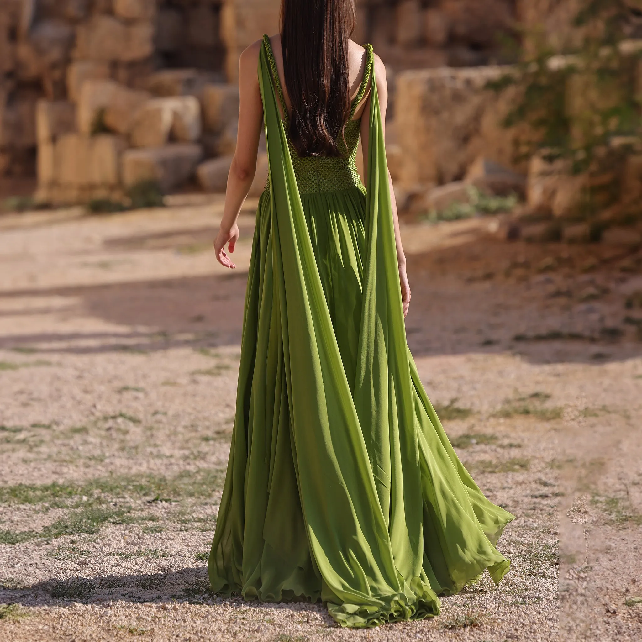 Georgette Dress with Woven Raffia Panel