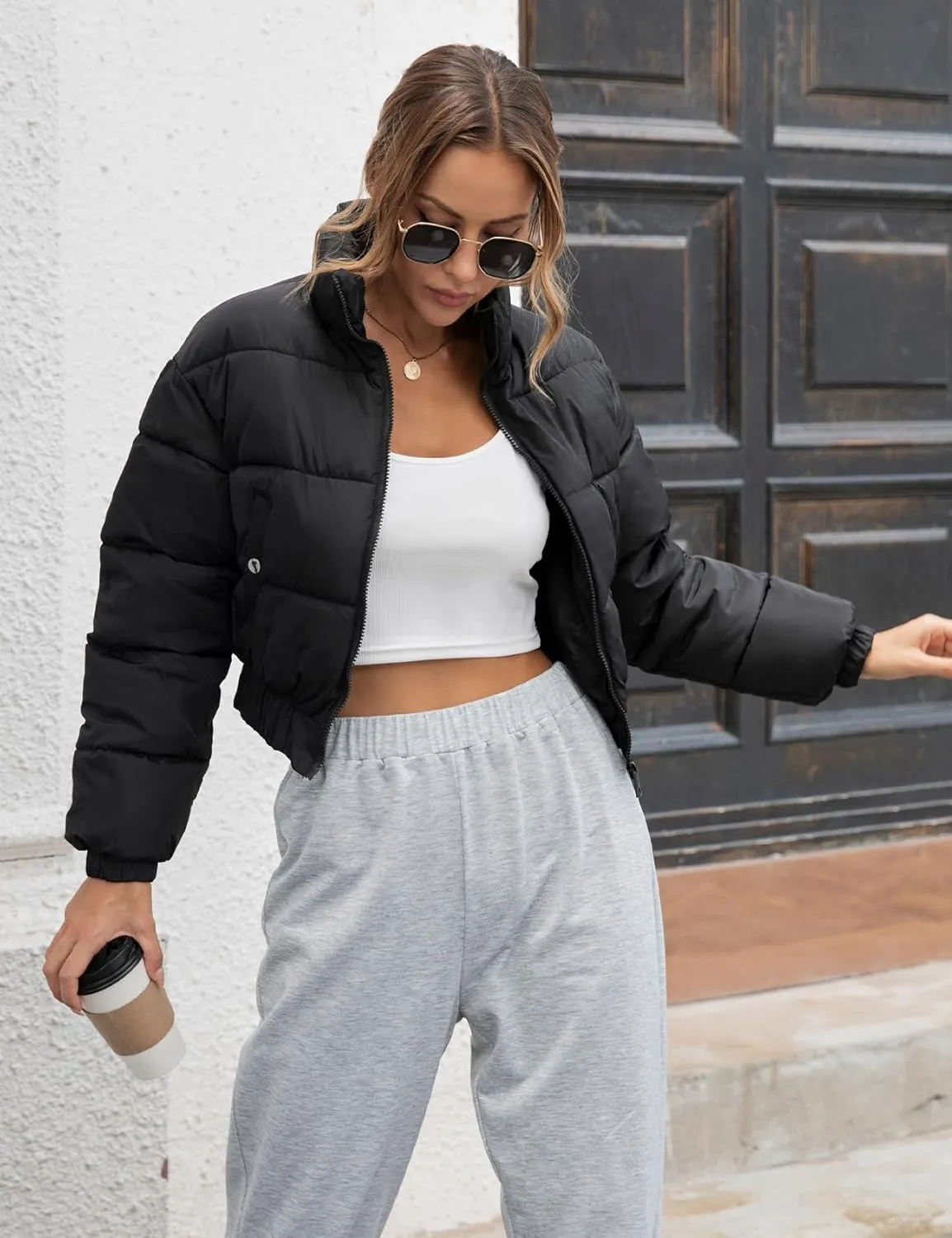 Gihuo Women' s Cropped Quilted Puffer Jacket Outerwear Coats