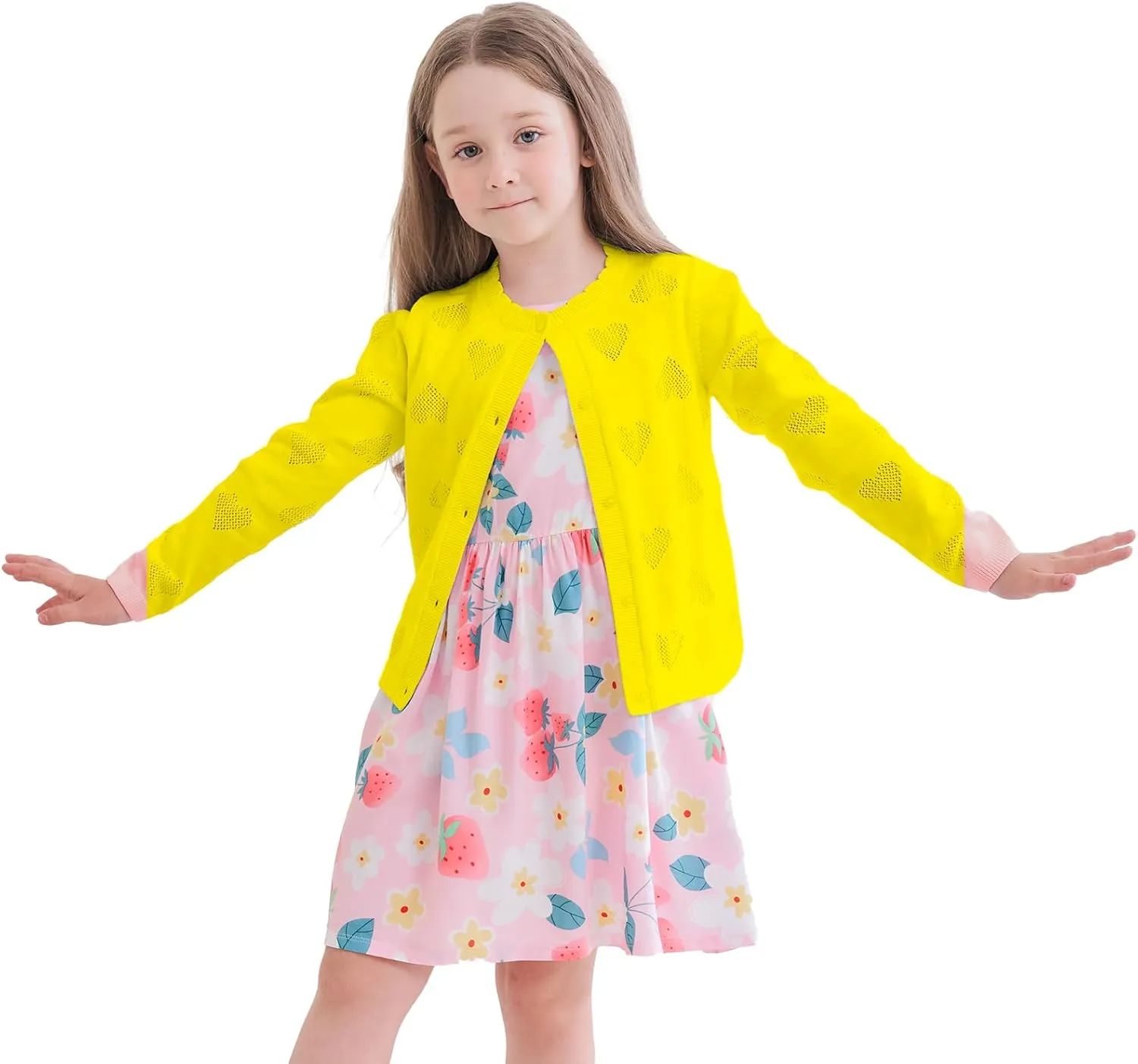 Girls' Cardigan Long Sleeve Shrug Sweater for Kids Cotton Cropped Uniform Knit Outerwear Lucky Clover and Heart
