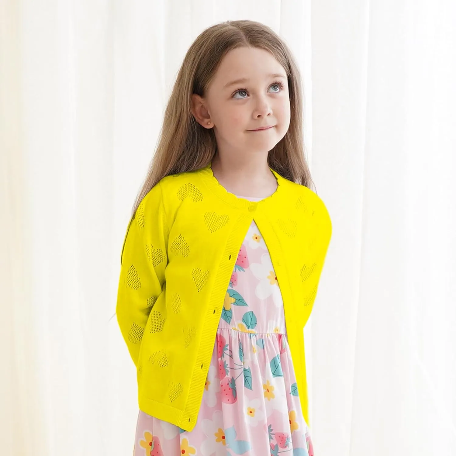 Girls' Cardigan Long Sleeve Shrug Sweater for Kids Cotton Cropped Uniform Knit Outerwear Lucky Clover and Heart