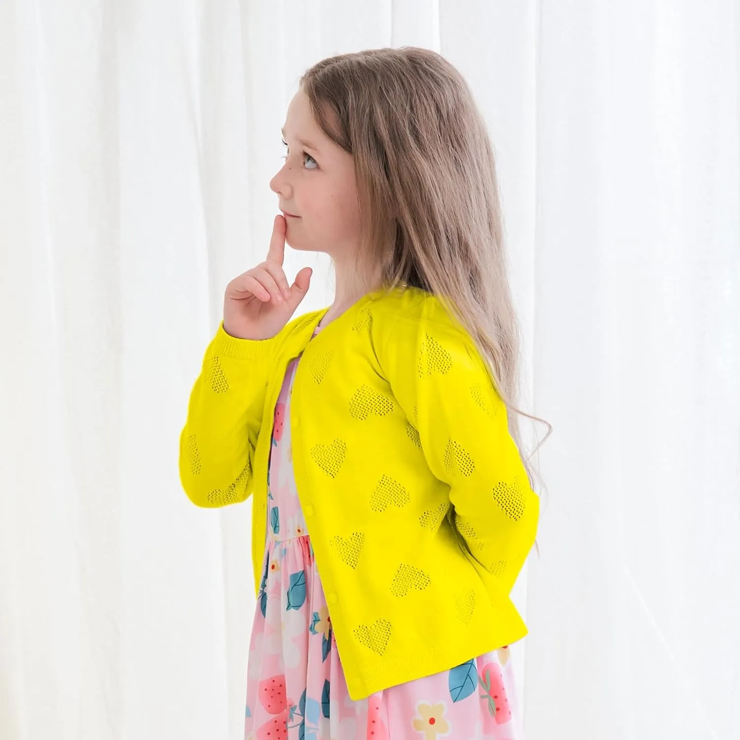 Girls' Cardigan Long Sleeve Shrug Sweater for Kids Cotton Cropped Uniform Knit Outerwear Lucky Clover and Heart