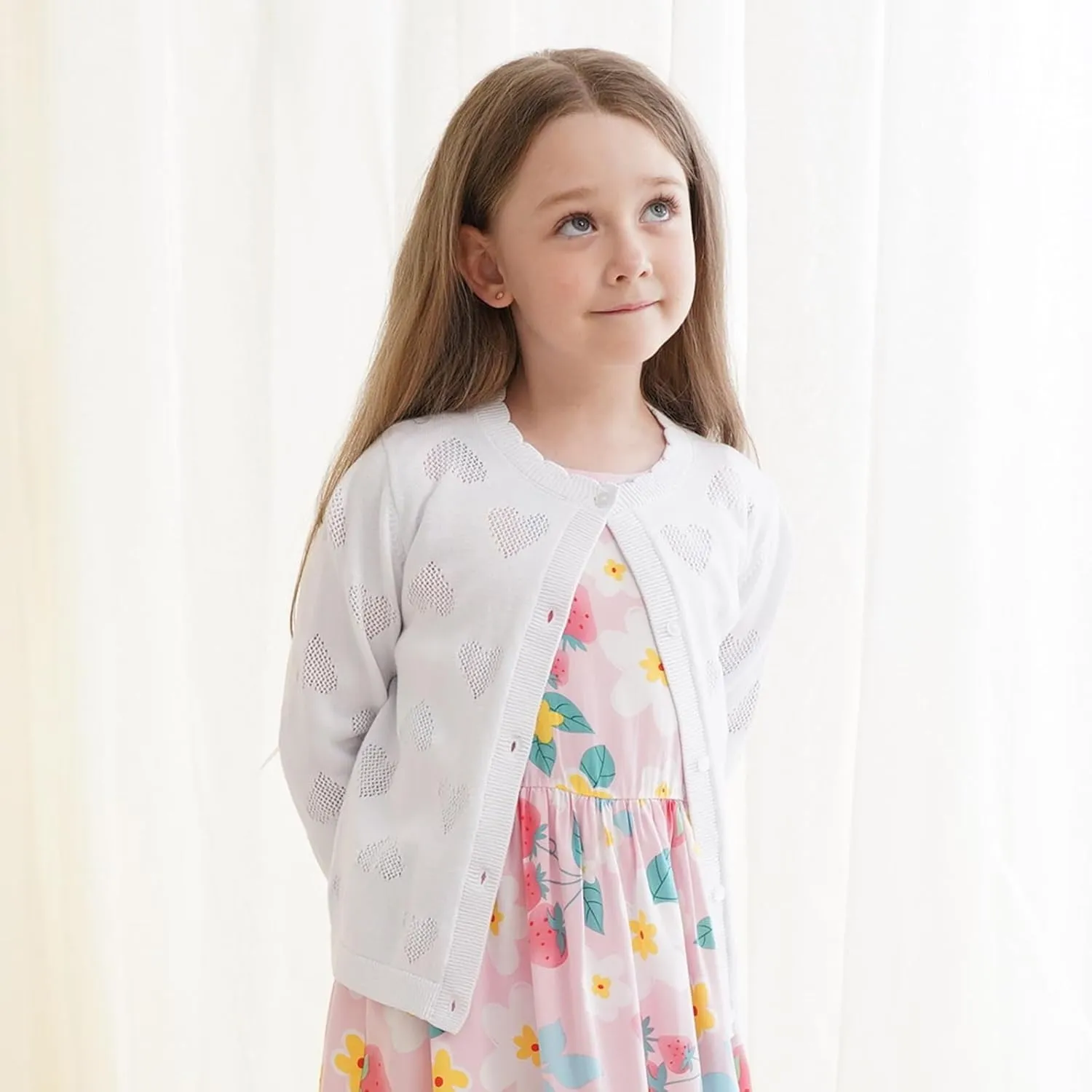 Girls' Cardigan Long Sleeve Shrug Sweater for Kids Cotton Cropped Uniform Knit Outerwear Lucky Clover and Heart