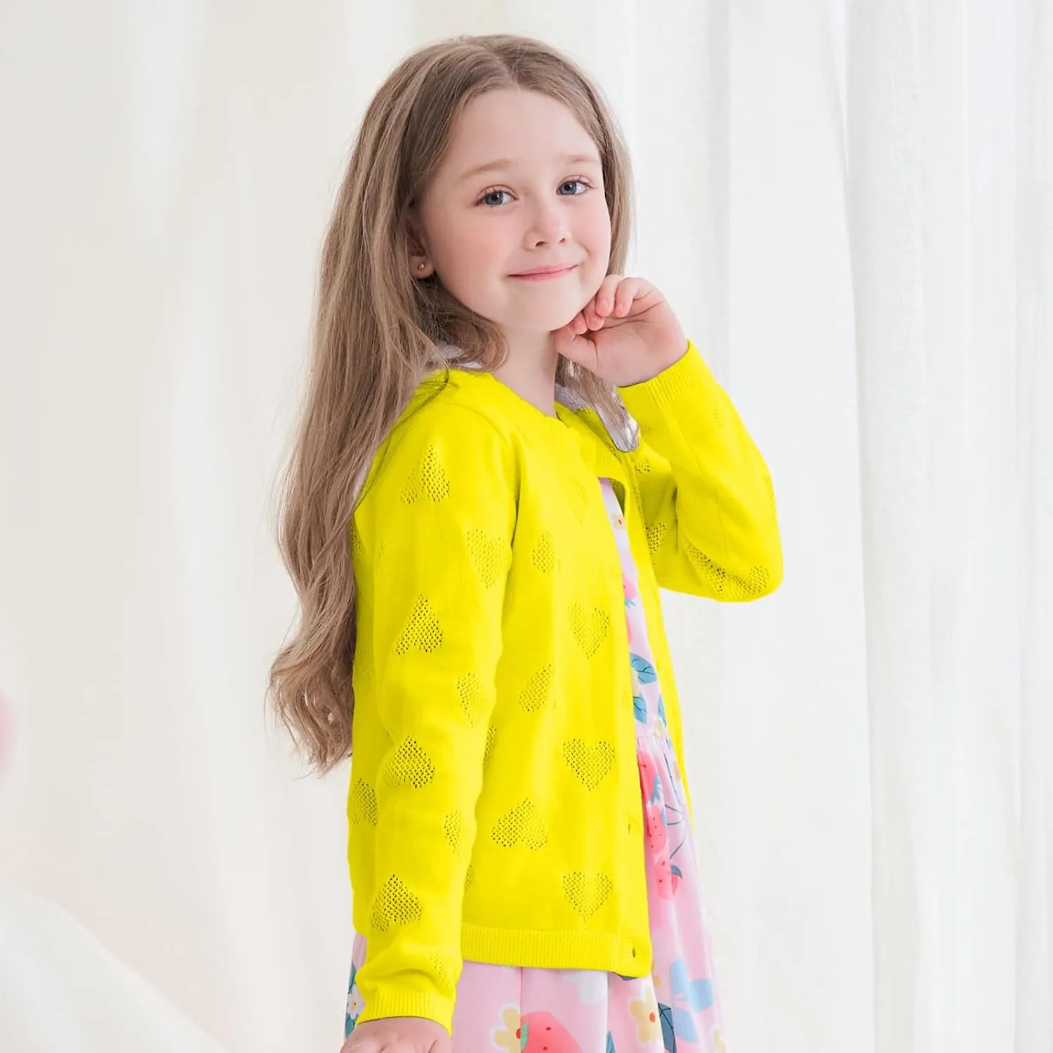 Girls' Cardigan Long Sleeve Shrug Sweater for Kids Cotton Cropped Uniform Knit Outerwear Lucky Clover and Heart