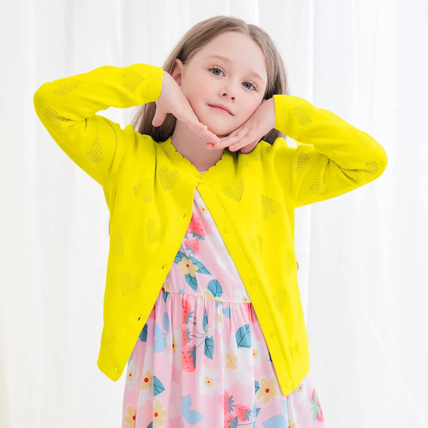 Girls' Cardigan Long Sleeve Shrug Sweater for Kids Cotton Cropped Uniform Knit Outerwear Lucky Clover and Heart