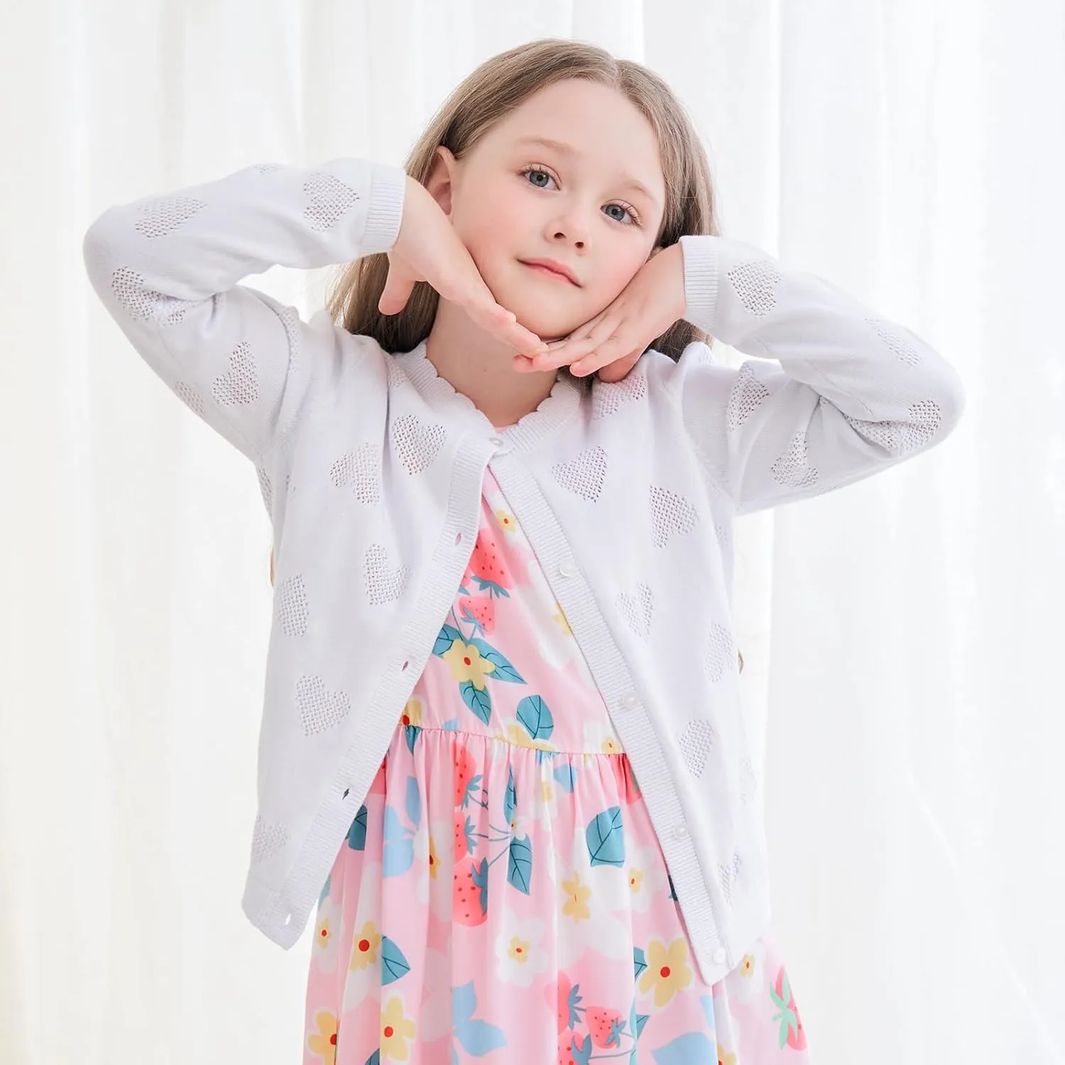 Girls' Cardigan Long Sleeve Shrug Sweater for Kids Cotton Cropped Uniform Knit Outerwear Lucky Clover and Heart
