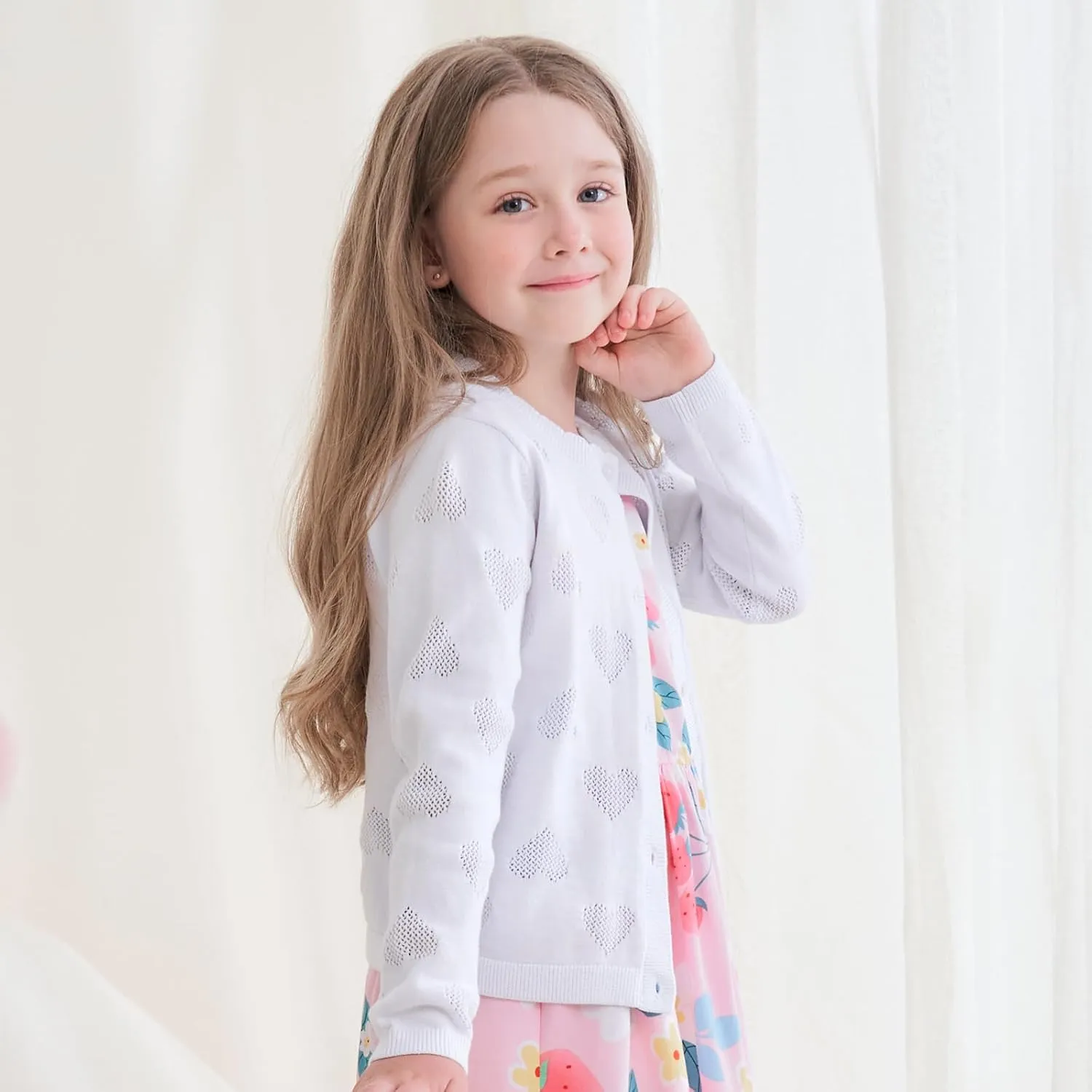 Girls' Cardigan Long Sleeve Shrug Sweater for Kids Cotton Cropped Uniform Knit Outerwear Lucky Clover and Heart
