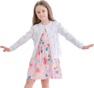 Girls' Cardigan Long Sleeve Shrug Sweater for Kids Cotton Cropped Uniform Knit Outerwear Lucky Clover and Heart