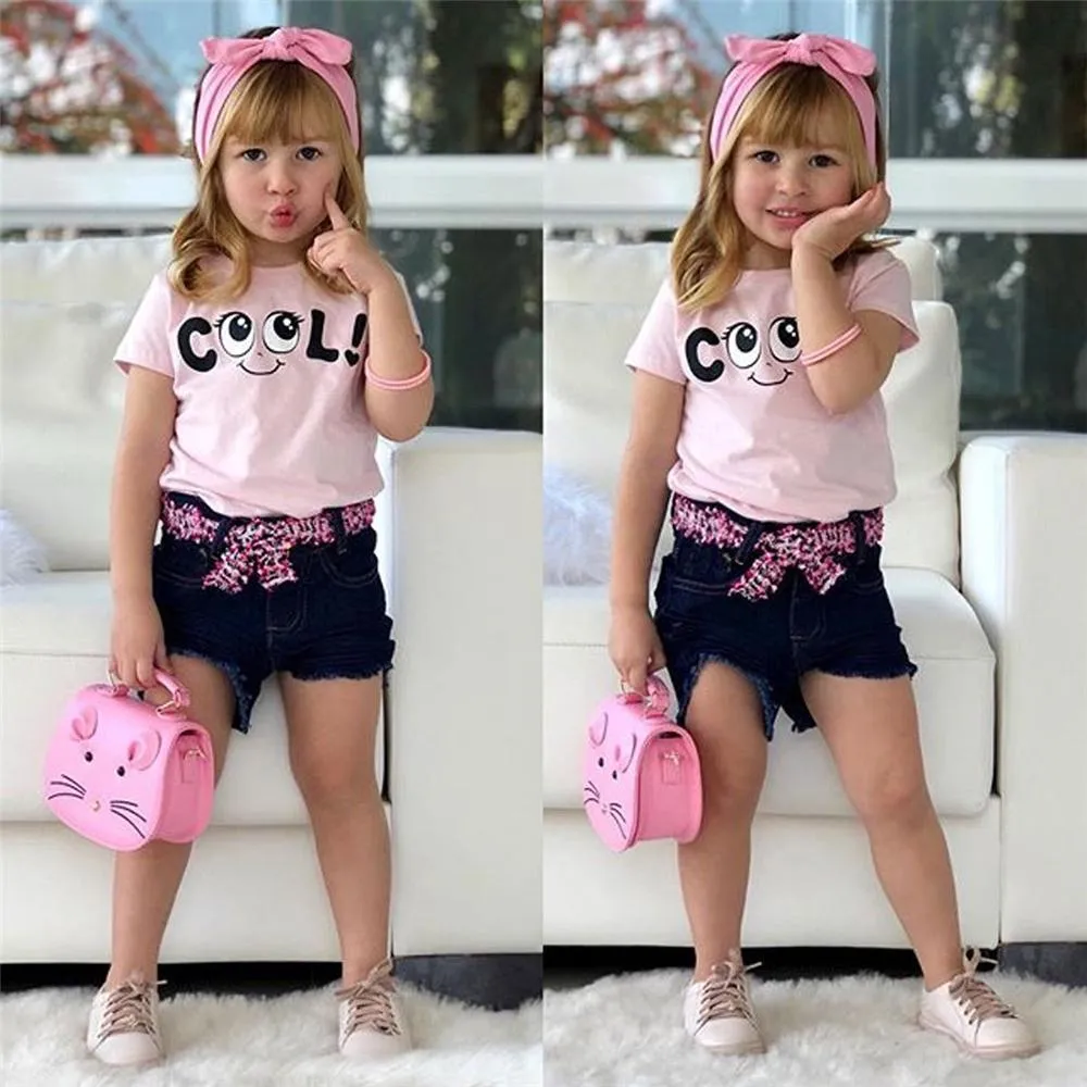 Girls Look Cool Short Sleeve Top & Denim Shorts & Headband Trendy Toddler Clothes Cheap