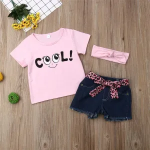 Girls Look Cool Short Sleeve Top & Denim Shorts & Headband Trendy Toddler Clothes Cheap
