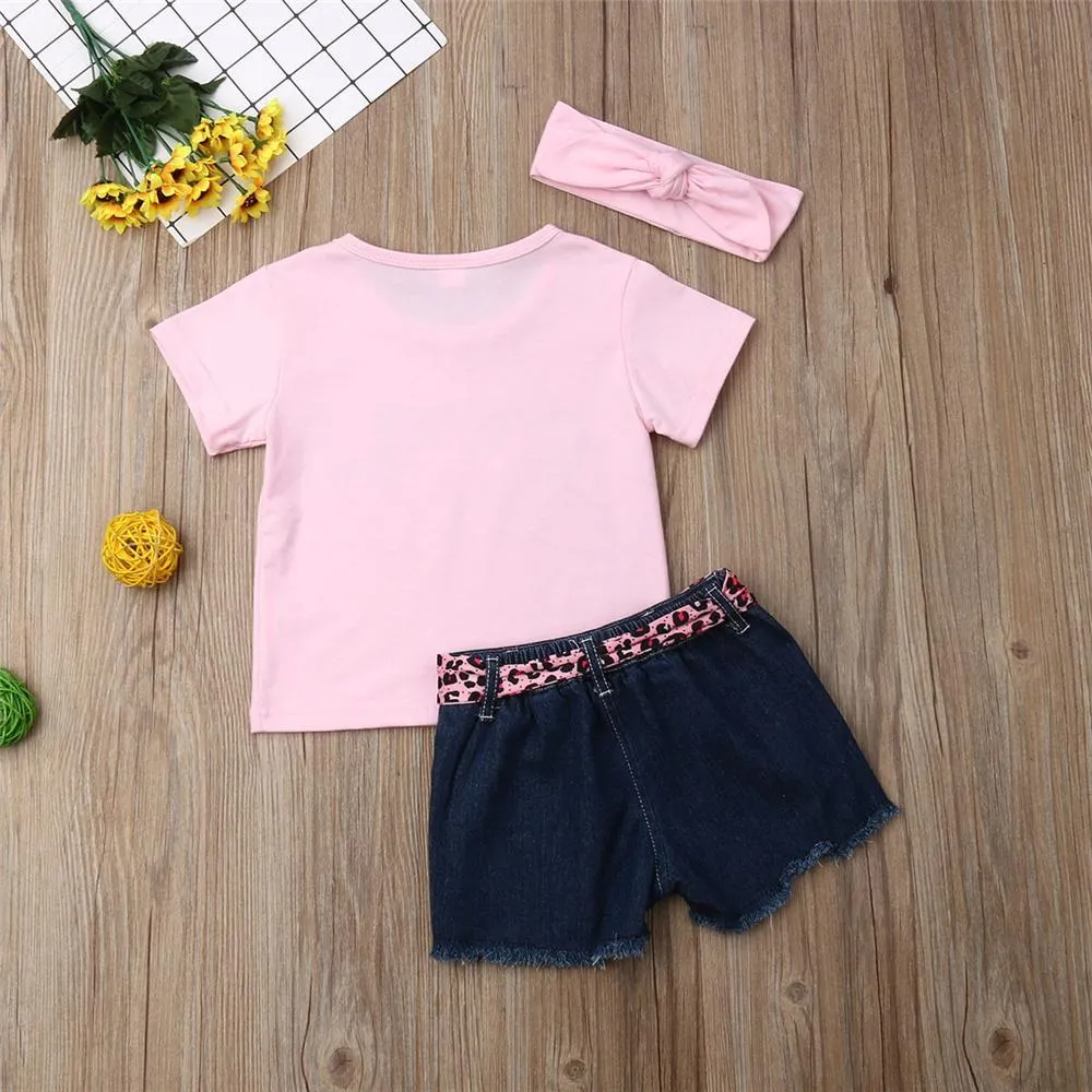 Girls Look Cool Short Sleeve Top & Denim Shorts & Headband Trendy Toddler Clothes Cheap