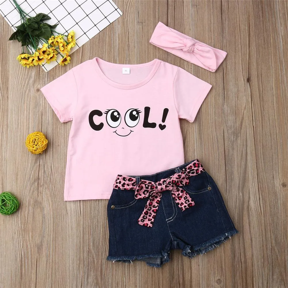 Girls Look Cool Short Sleeve Top & Denim Shorts & Headband Trendy Toddler Clothes Cheap