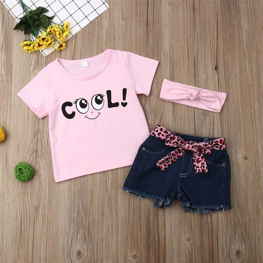 Girls Look Cool Short Sleeve Top & Denim Shorts & Headband Trendy Toddler Clothes Cheap