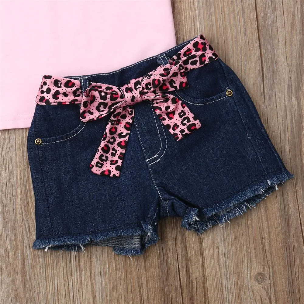 Girls Look Cool Short Sleeve Top & Denim Shorts & Headband Trendy Toddler Clothes Cheap