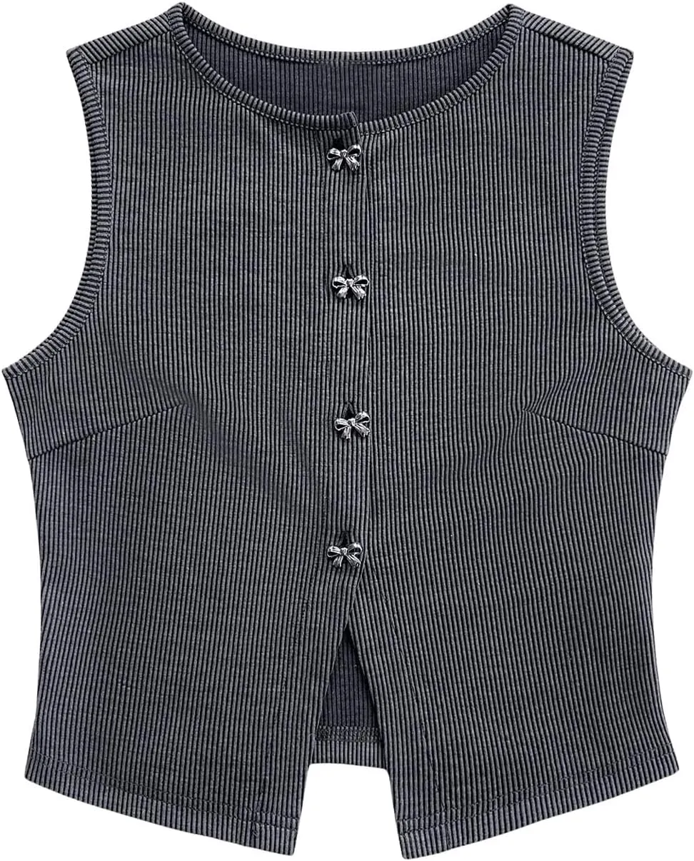 GORGLITTER Women's Bow Button Up Vest Knitted V Neck Sleeveless Cardigan Vest Tank Tops