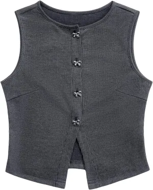 GORGLITTER Women's Bow Button Up Vest Knitted V Neck Sleeveless Cardigan Vest Tank Tops