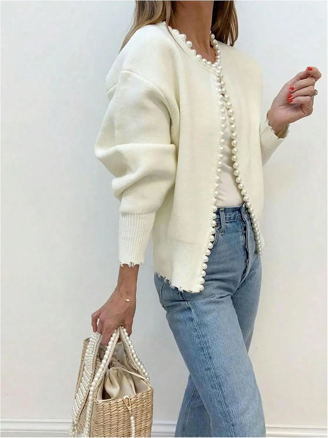 GORGLITTER Women's Pearls Decor Raw Trim Open Front Cardigan Long Sleeve Drop Shoulder Sweater