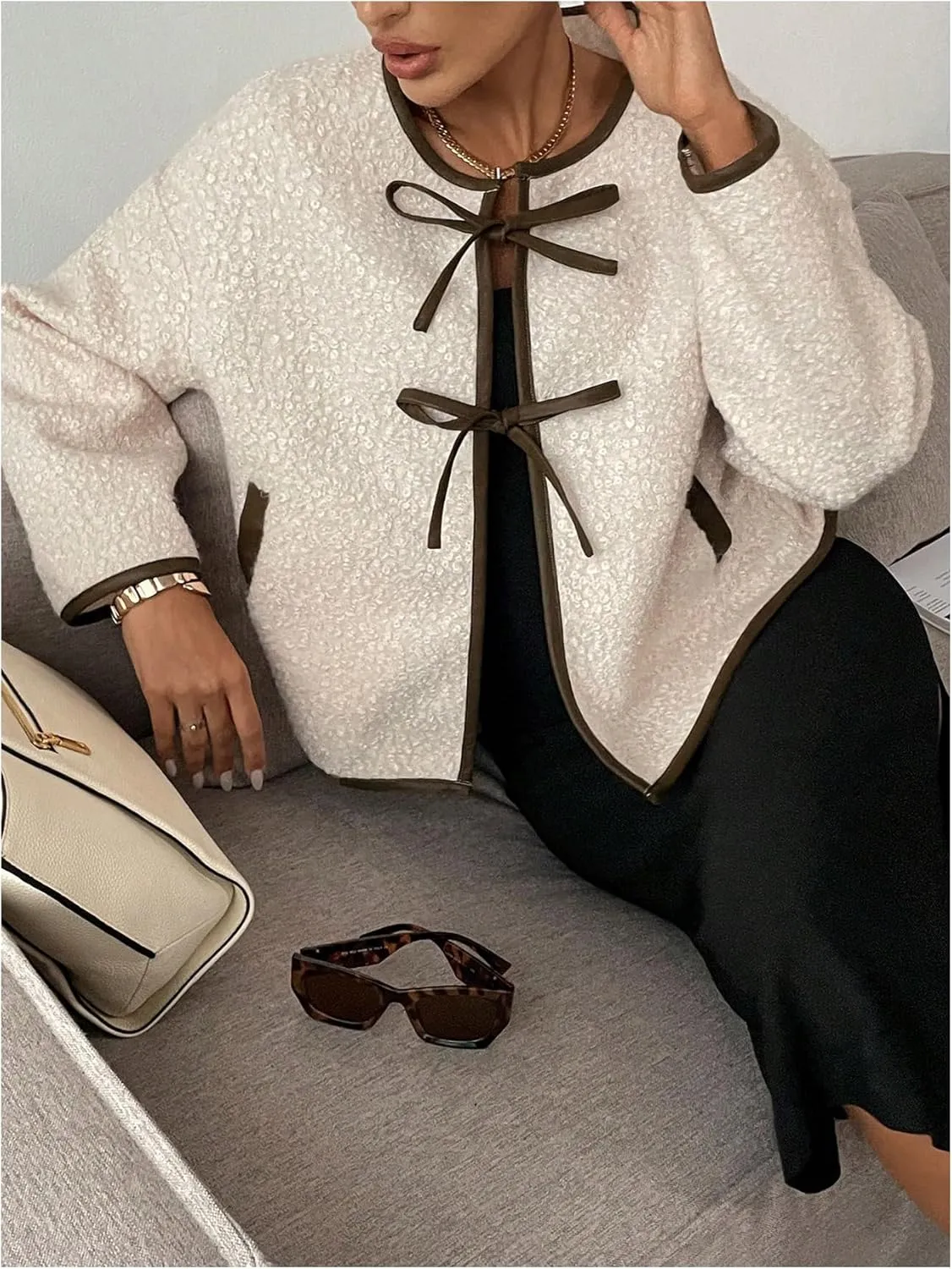 GORGLITTER Women's Pearls Decor Raw Trim Open Front Cardigan Long Sleeve Drop Shoulder Sweater