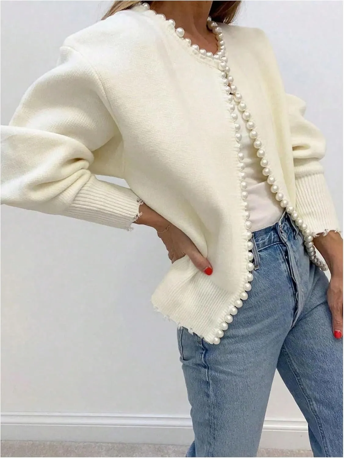 GORGLITTER Women's Pearls Decor Raw Trim Open Front Cardigan Long Sleeve Drop Shoulder Sweater