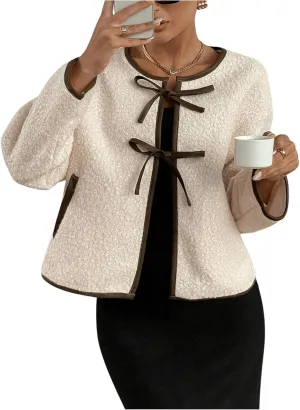 GORGLITTER Women's Pearls Decor Raw Trim Open Front Cardigan Long Sleeve Drop Shoulder Sweater