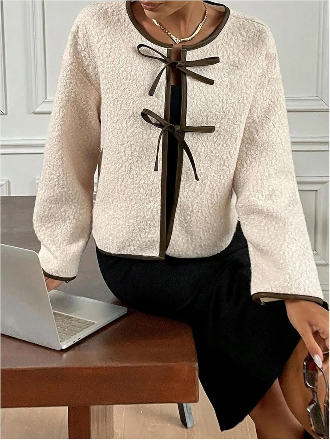 GORGLITTER Women's Pearls Decor Raw Trim Open Front Cardigan Long Sleeve Drop Shoulder Sweater