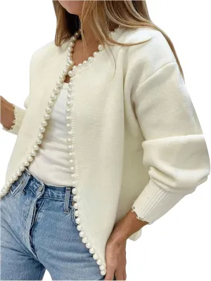 GORGLITTER Women's Pearls Decor Raw Trim Open Front Cardigan Long Sleeve Drop Shoulder Sweater