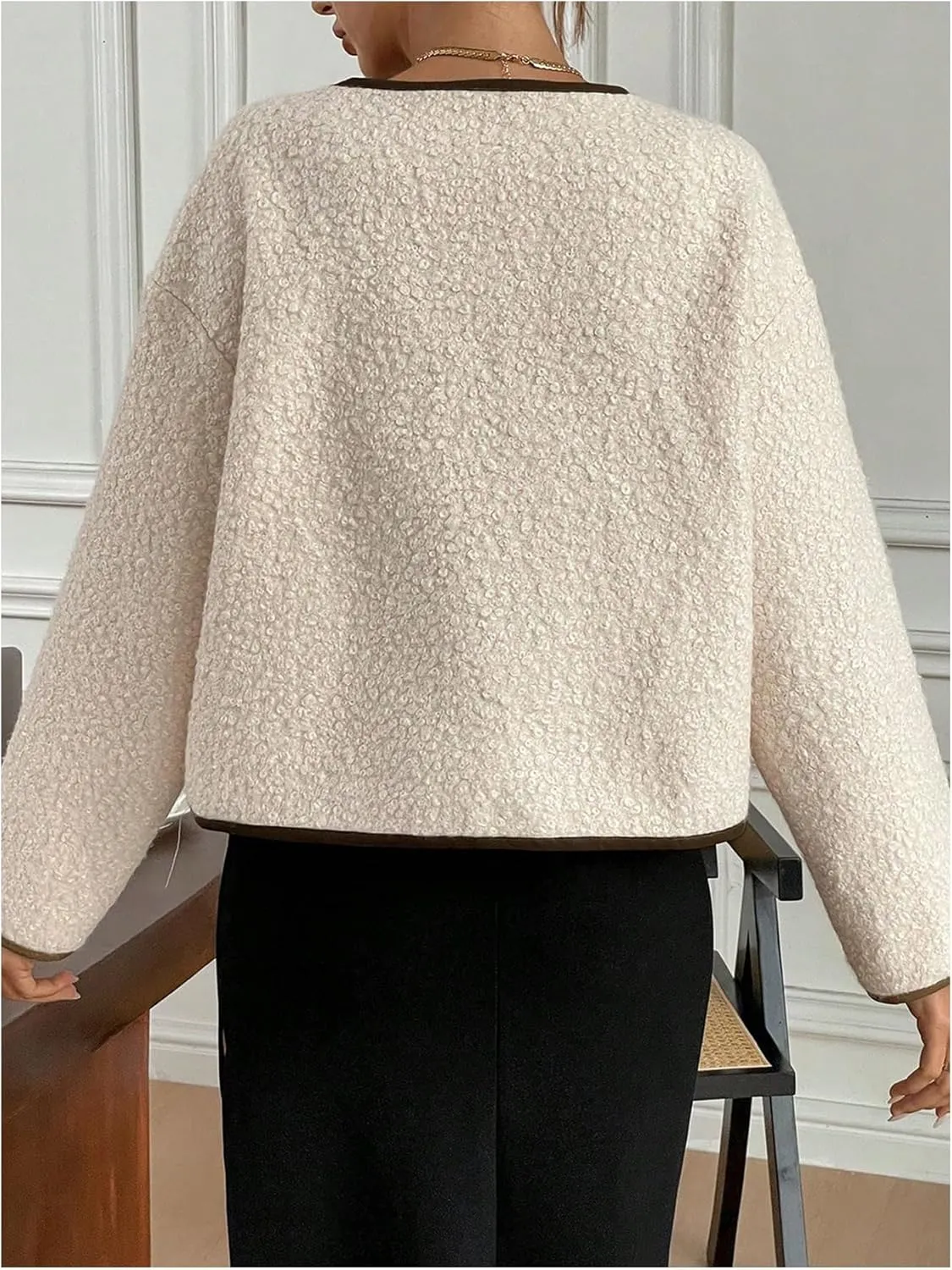 GORGLITTER Women's Pearls Decor Raw Trim Open Front Cardigan Long Sleeve Drop Shoulder Sweater