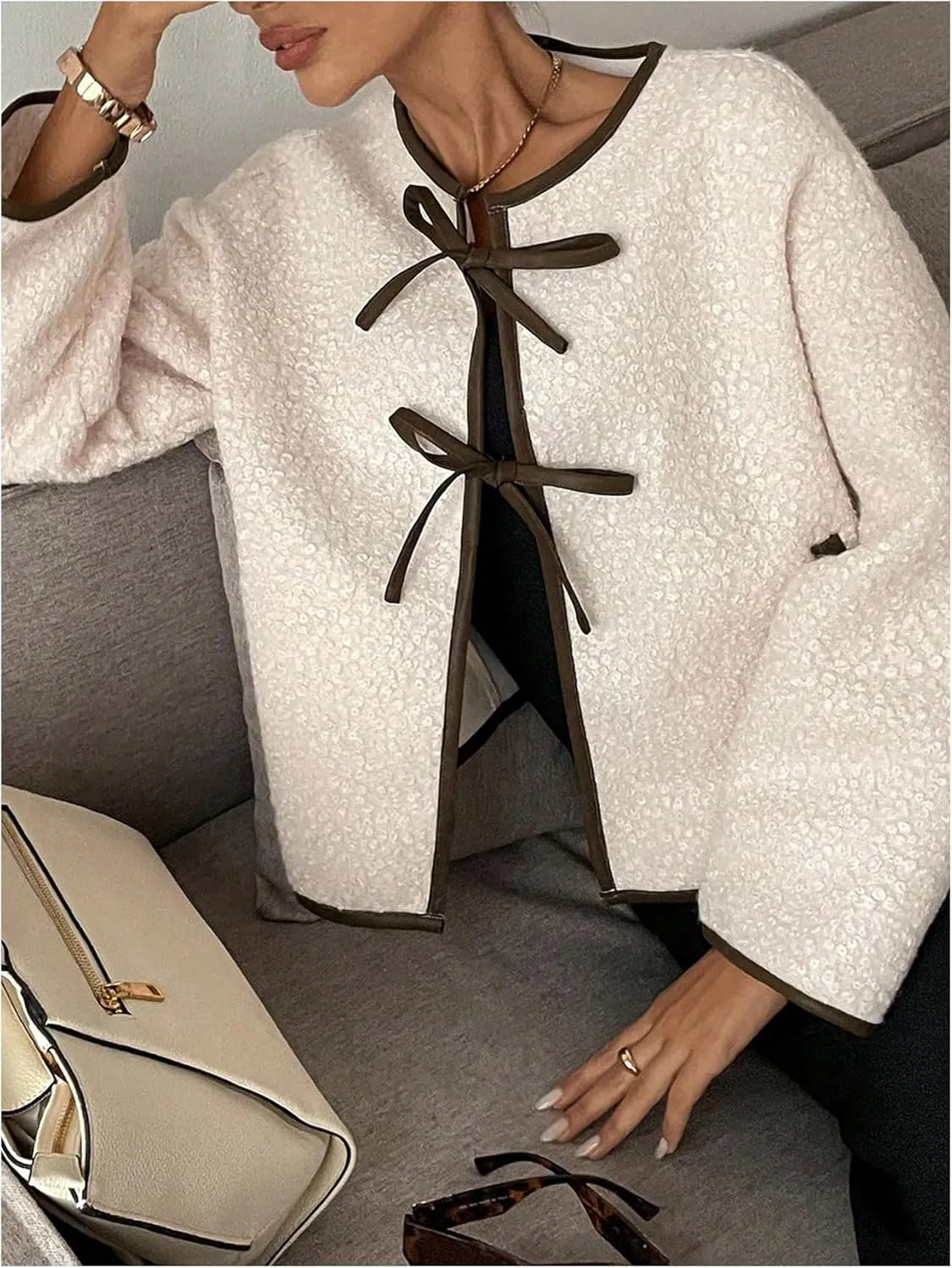 GORGLITTER Women's Pearls Decor Raw Trim Open Front Cardigan Long Sleeve Drop Shoulder Sweater