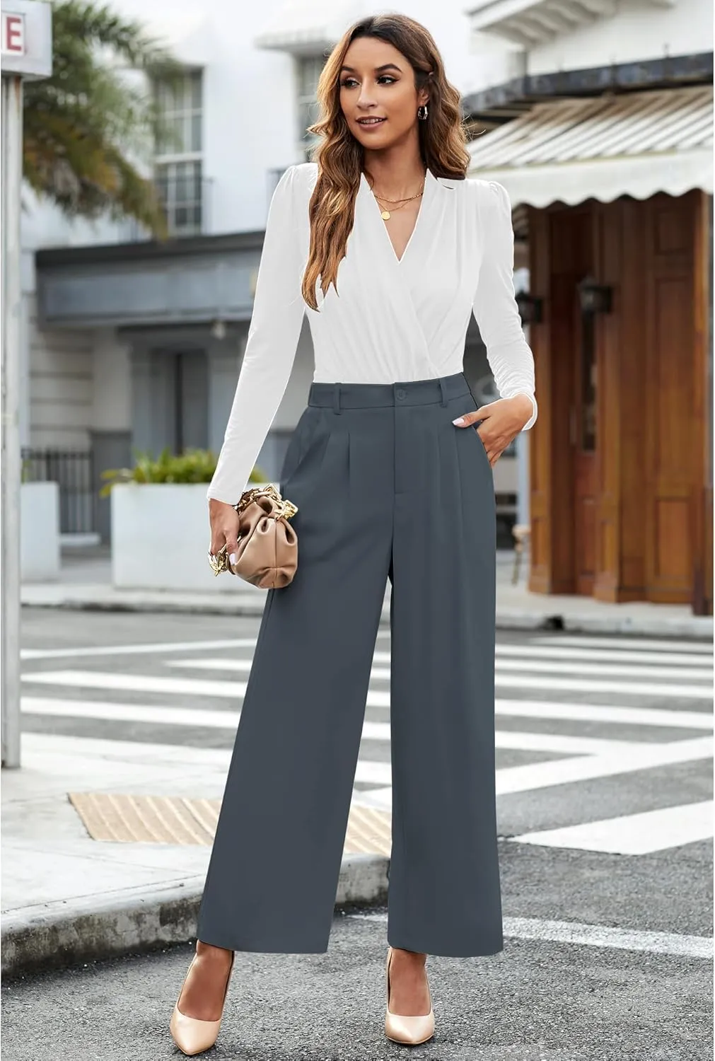 GRAPENT Wide Leg Pants for Women Work Business Casual High Waisted Dressy Pants Flowy Trousers Office