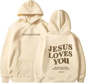 Graphic Hoodie Streetwear Jesus Loves You Bible Verse Letter Printed Fall Outfit with Kangaroo Pocket Drawstring Leisure Fall
