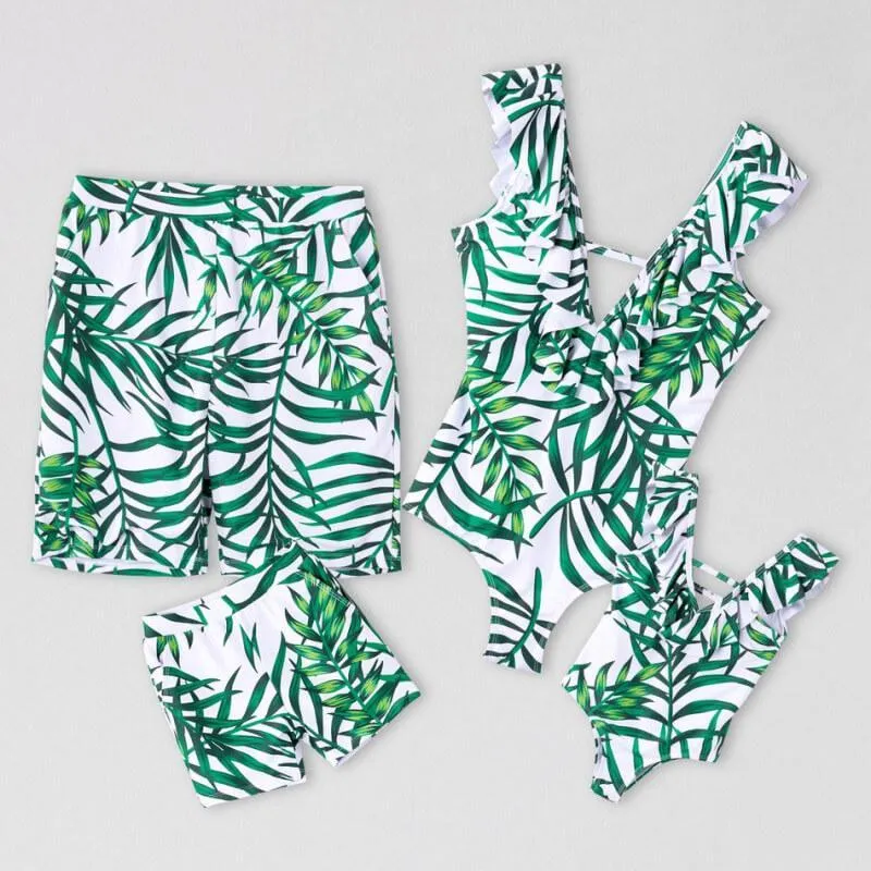 Green Leaf Print Family Matching Swimsuits With Baby