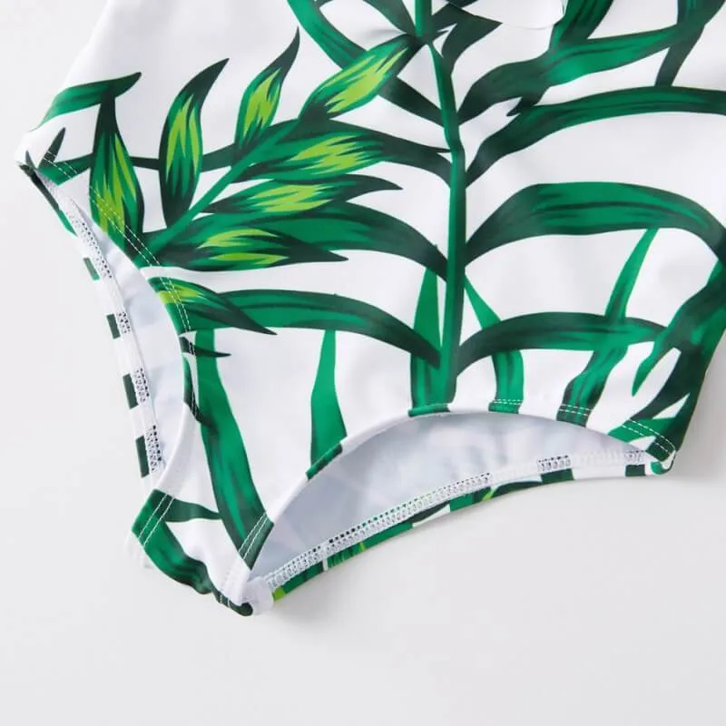 Green Leaf Print Family Matching Swimsuits With Baby