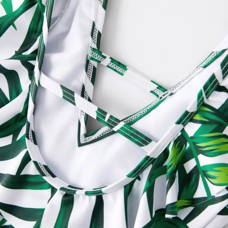 Green Leaf Print Family Matching Swimsuits With Baby