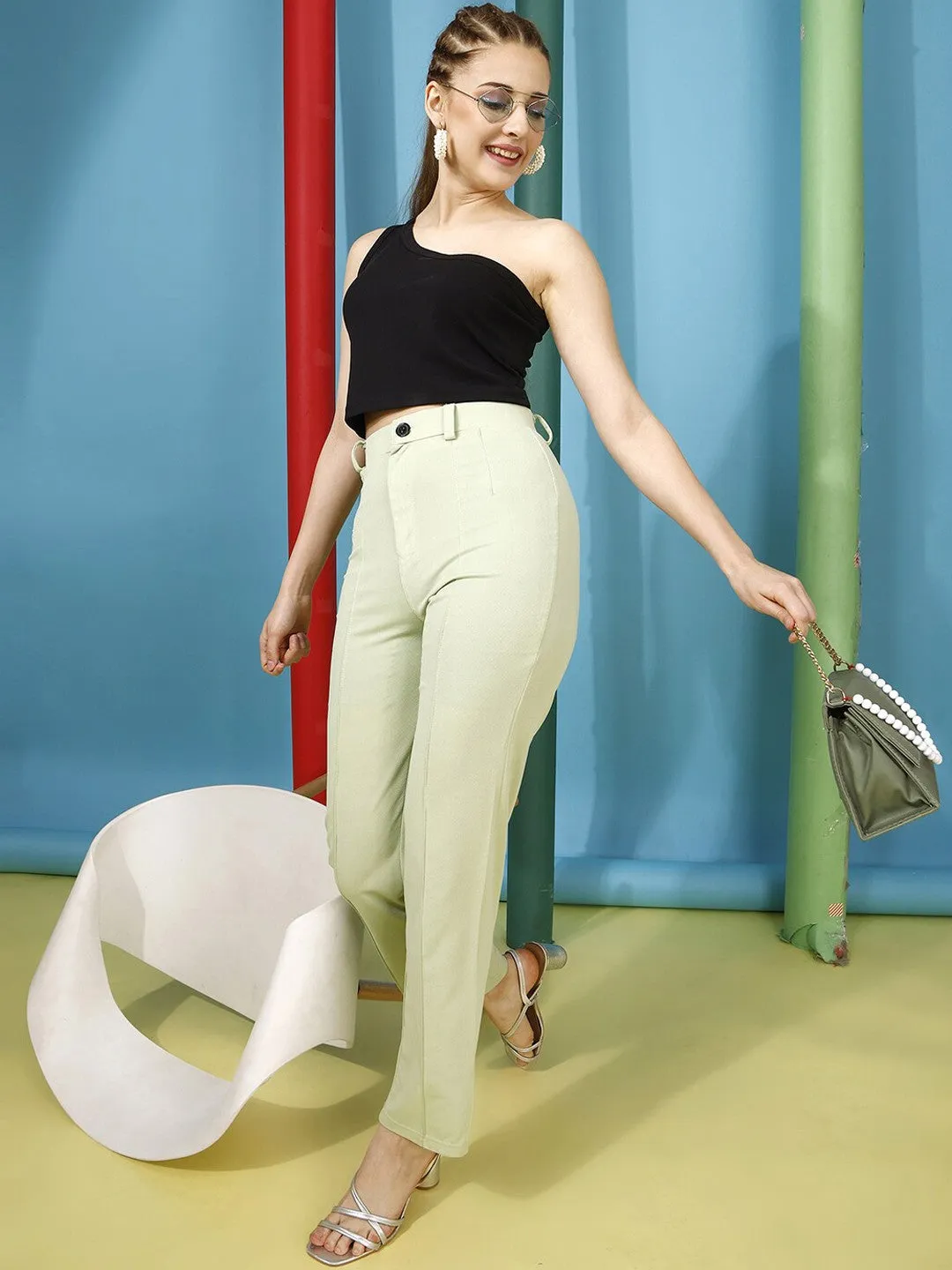 Green Regular Fit Flat-Front Trousers