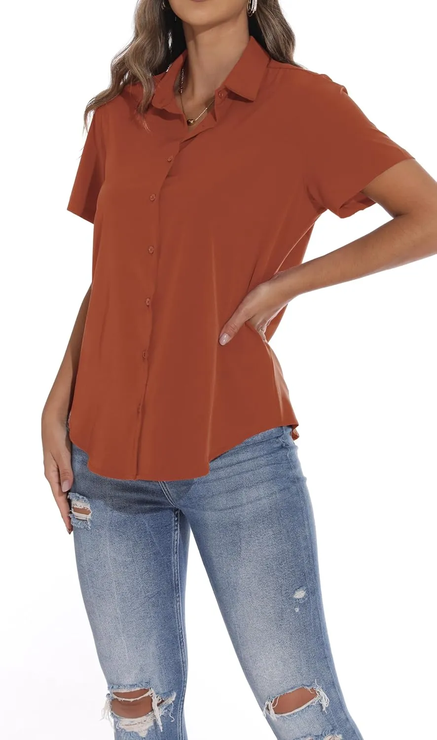 GUANYY Women's Short Sleeve Button Down Shirt Womens Shirts Dressy Casual Business Work Blouses V Neck Collared Tops