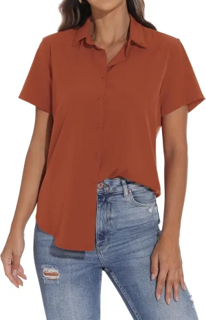 GUANYY Women's Short Sleeve Button Down Shirt Womens Shirts Dressy Casual Business Work Blouses V Neck Collared Tops