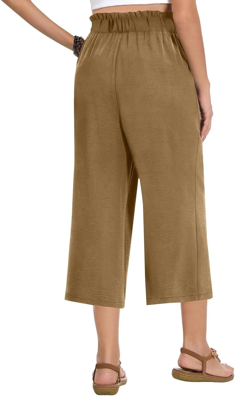 Gumipy Cotton Capri Pants for Women Smocked Elastic Waisted Wide Leg Linen Pants Loose Palazzo Cropped Trousers with Pockets